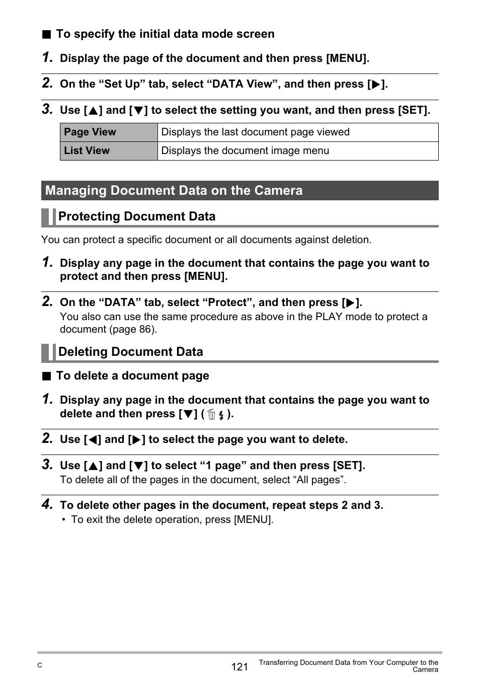 Managing document data on the camera, Protecting document data, Deleting document data | Casio EXILIM K1100PCM1DMX User Manual | Page 121 / 167