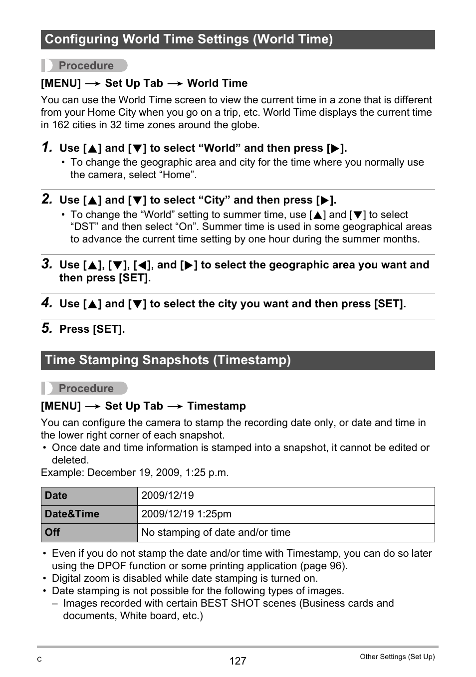 Configuring world time settings (world time), Time stamping snapshots (timestamp) | Casio EXILIM K1100PCM1DMX User Manual | Page 127 / 167