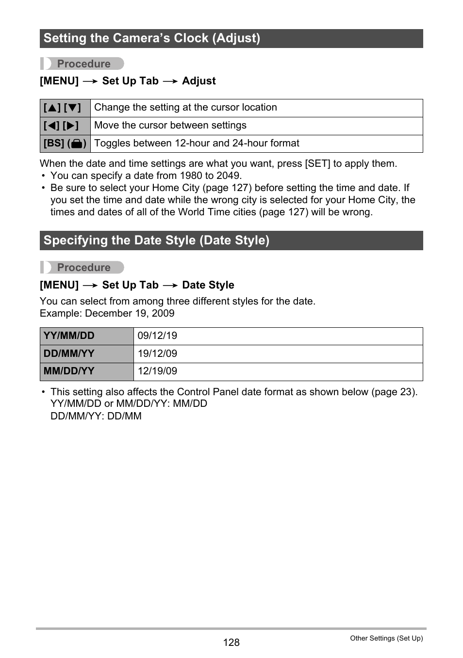 Setting the camera’s clock (adjust), Specifying the date style (date style) | Casio EXILIM K1100PCM1DMX User Manual | Page 128 / 167