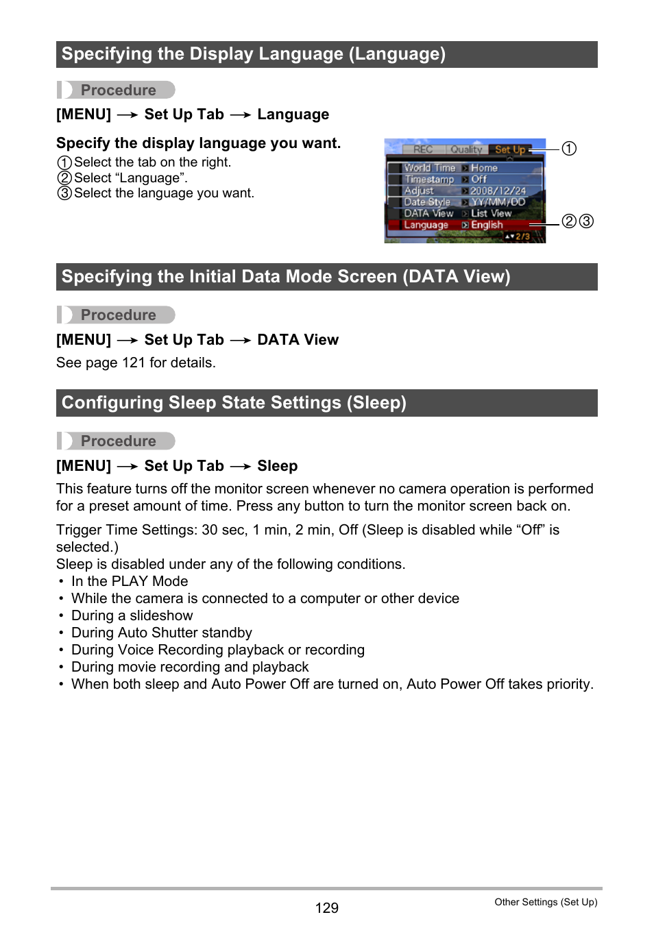 Specifying the display language (language), Configuring sleep state settings (sleep), Ge 129) | Casio EXILIM K1100PCM1DMX User Manual | Page 129 / 167