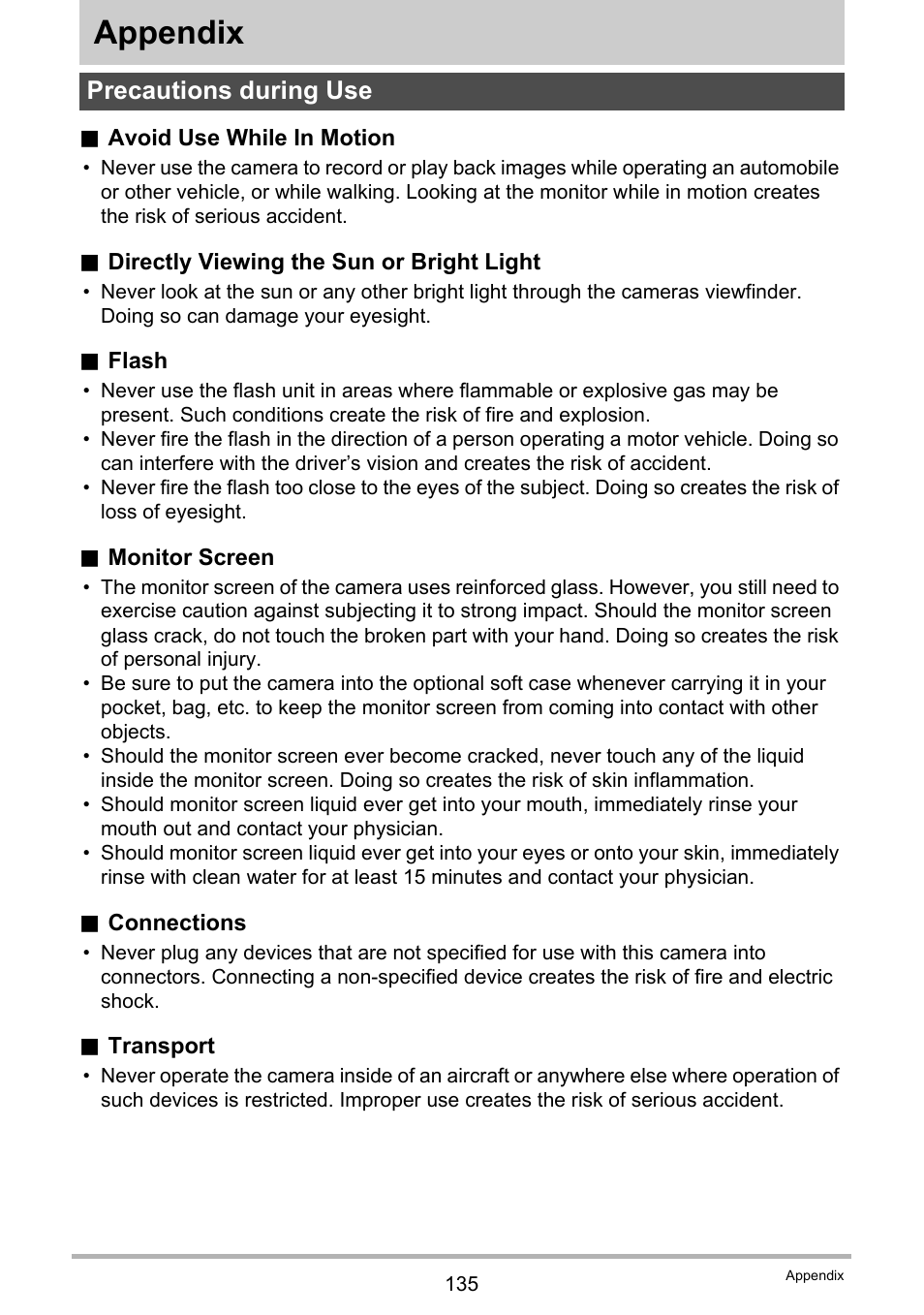 Appendix, Precautions during use | Casio EXILIM K1100PCM1DMX User Manual | Page 135 / 167