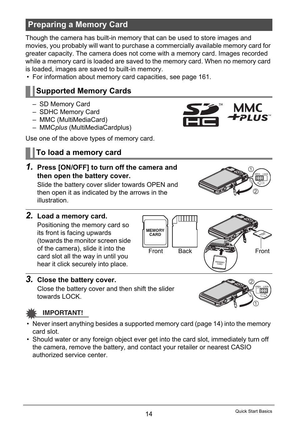 Preparing a memory card, Supported memory cards, To load a memory card | Casio EXILIM K1100PCM1DMX User Manual | Page 14 / 167