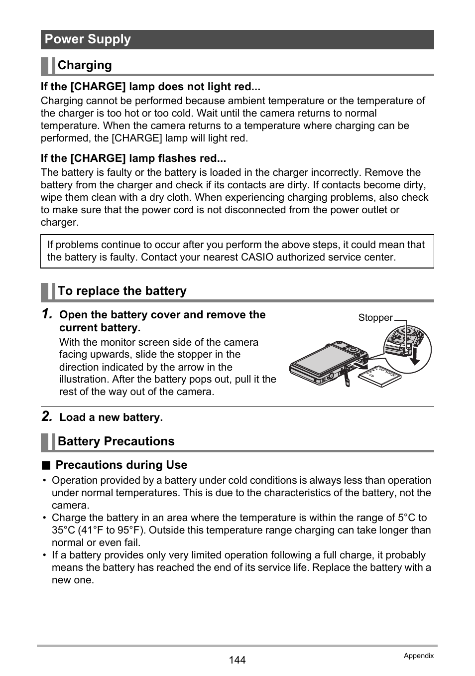 Power supply, Charging, To replace the battery | Battery precautions | Casio EXILIM K1100PCM1DMX User Manual | Page 144 / 167