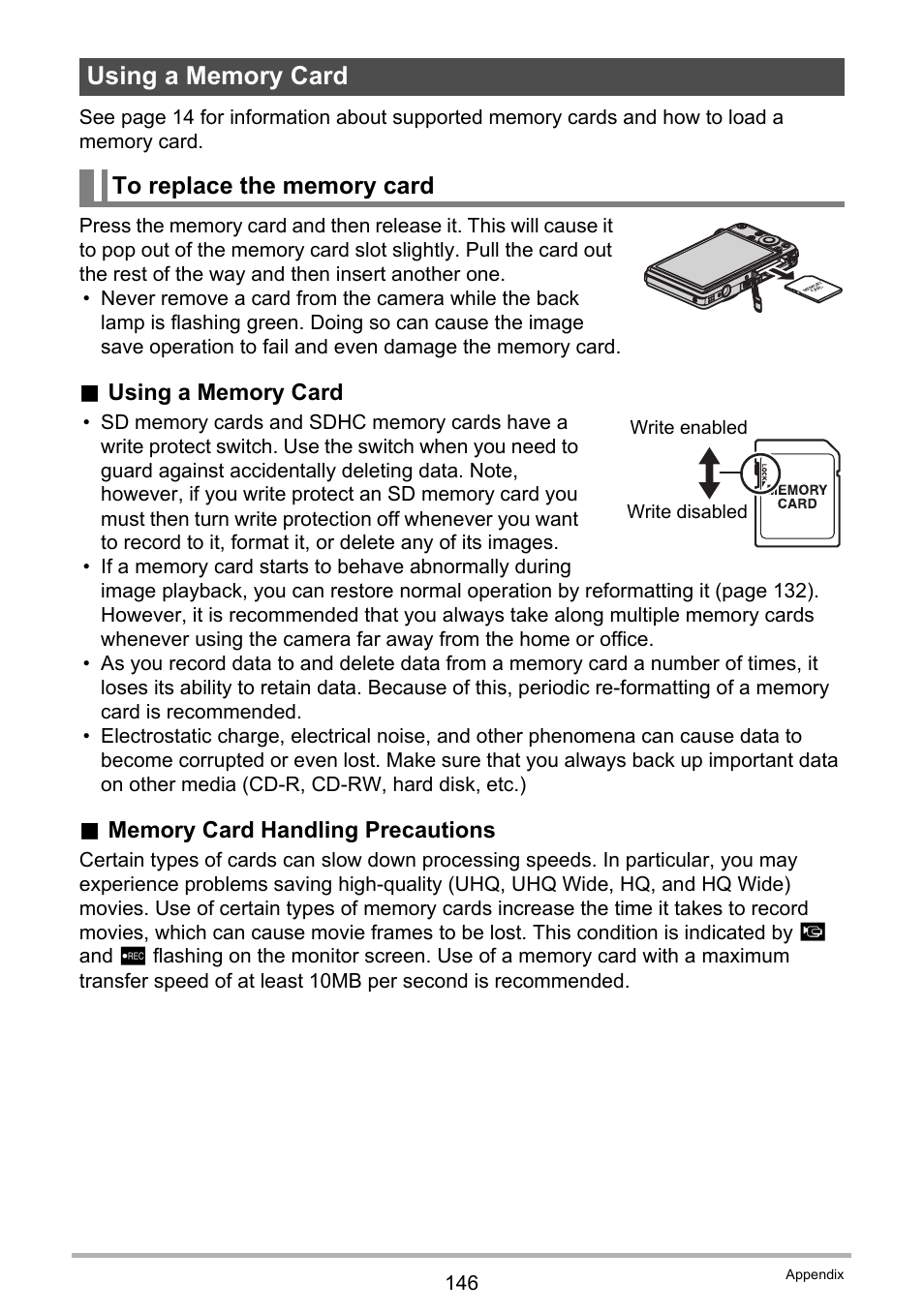 Using a memory card, To replace the memory card | Casio EXILIM K1100PCM1DMX User Manual | Page 146 / 167