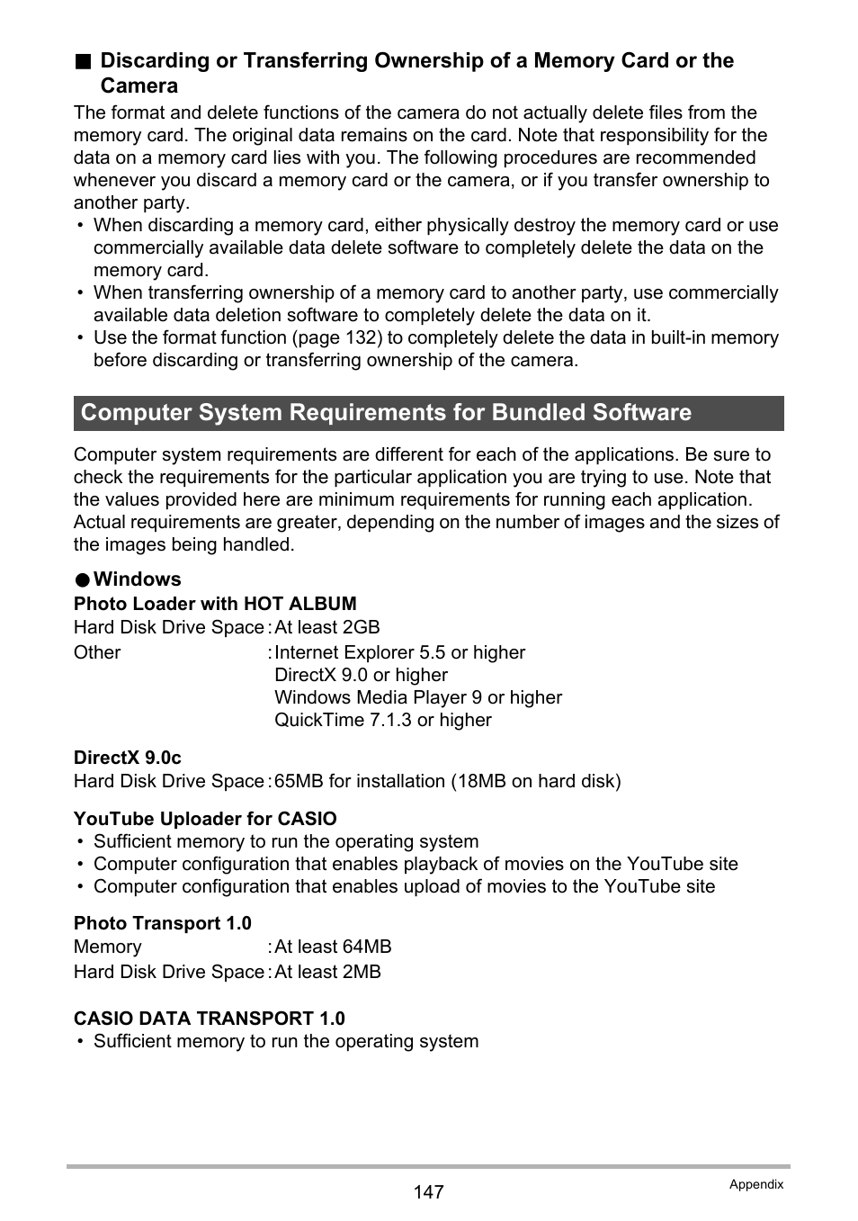 Computer system requirements for bundled software | Casio EXILIM K1100PCM1DMX User Manual | Page 147 / 167