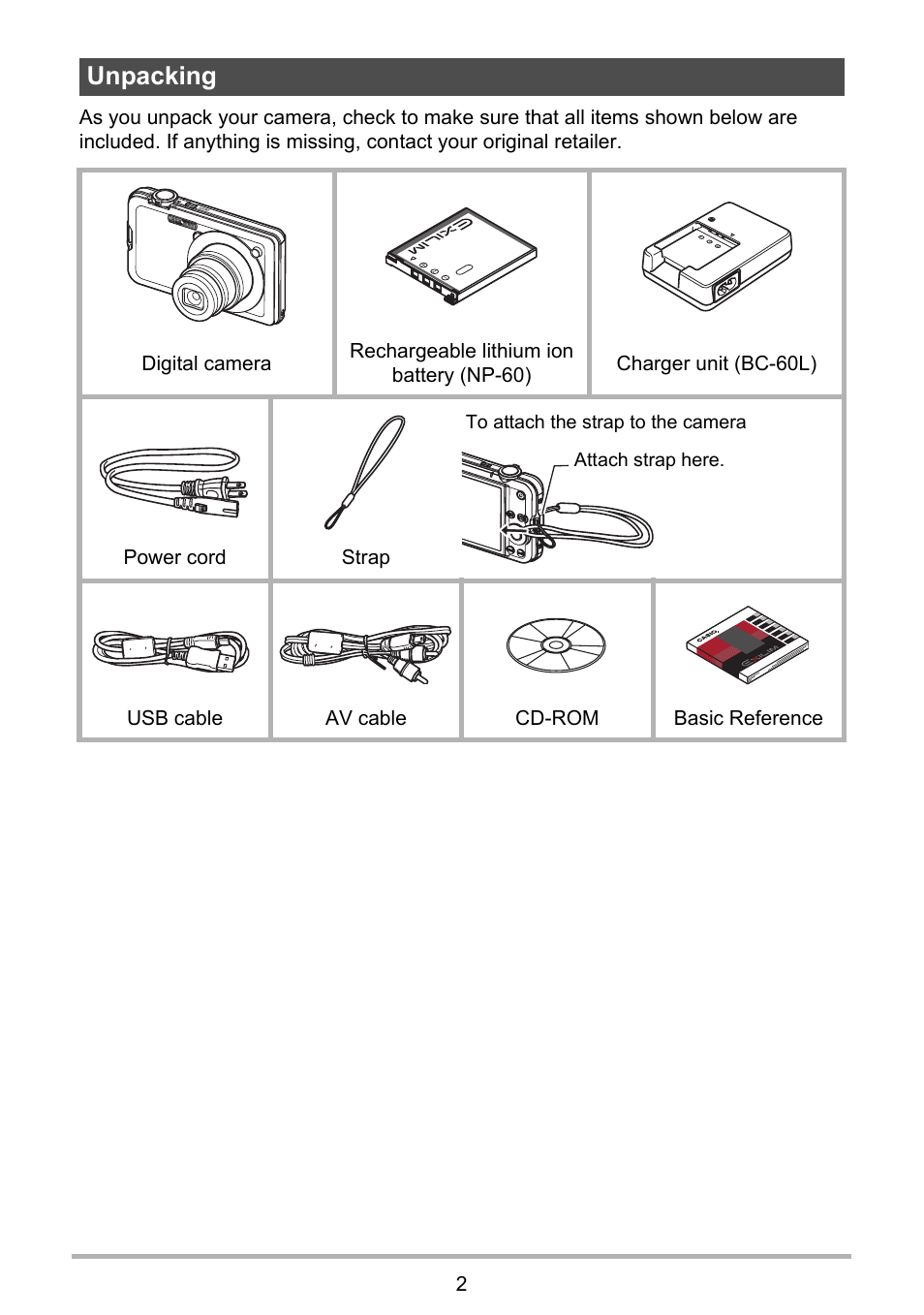 Unpacking | Casio EXILIM K1100PCM1DMX User Manual | Page 2 / 167