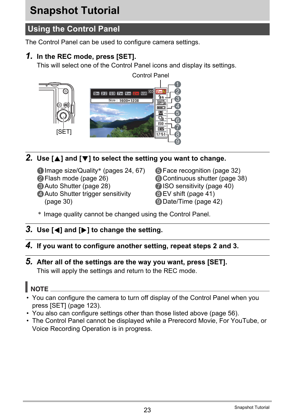 Snapshot tutorial, Using the control panel | Casio EXILIM K1100PCM1DMX User Manual | Page 23 / 167