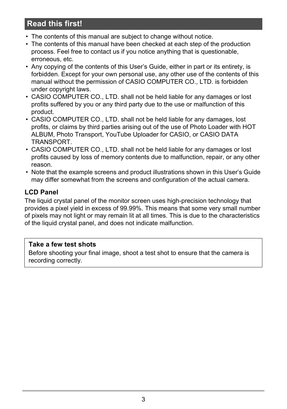 Read this first | Casio EXILIM K1100PCM1DMX User Manual | Page 3 / 167