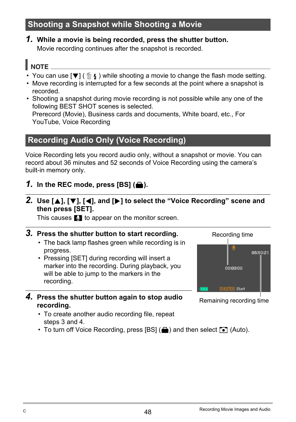 Shooting a snapshot while shooting a movie, Recording audio only (voice recording) | Casio EXILIM K1100PCM1DMX User Manual | Page 48 / 167