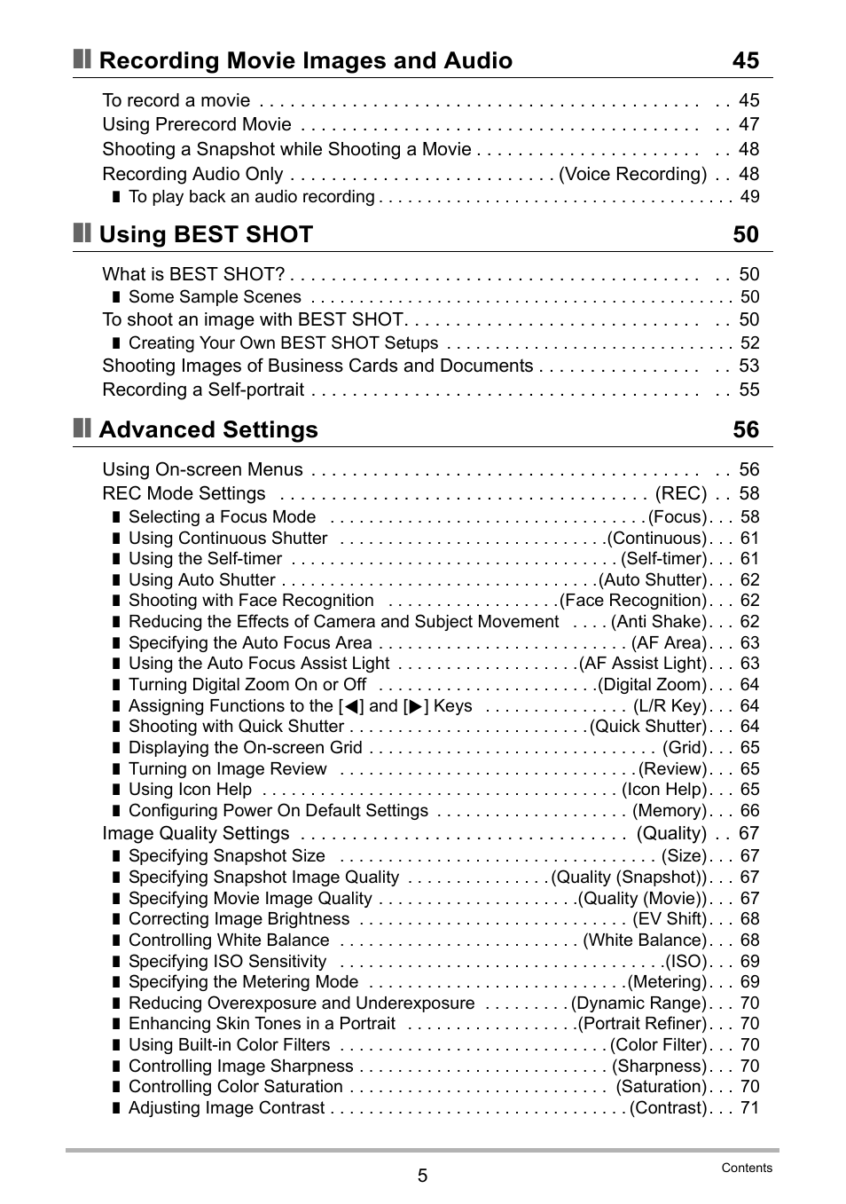 Recording movie images and audio 45, Using best shot 50, Advanced settings 56 | Casio EXILIM K1100PCM1DMX User Manual | Page 5 / 167