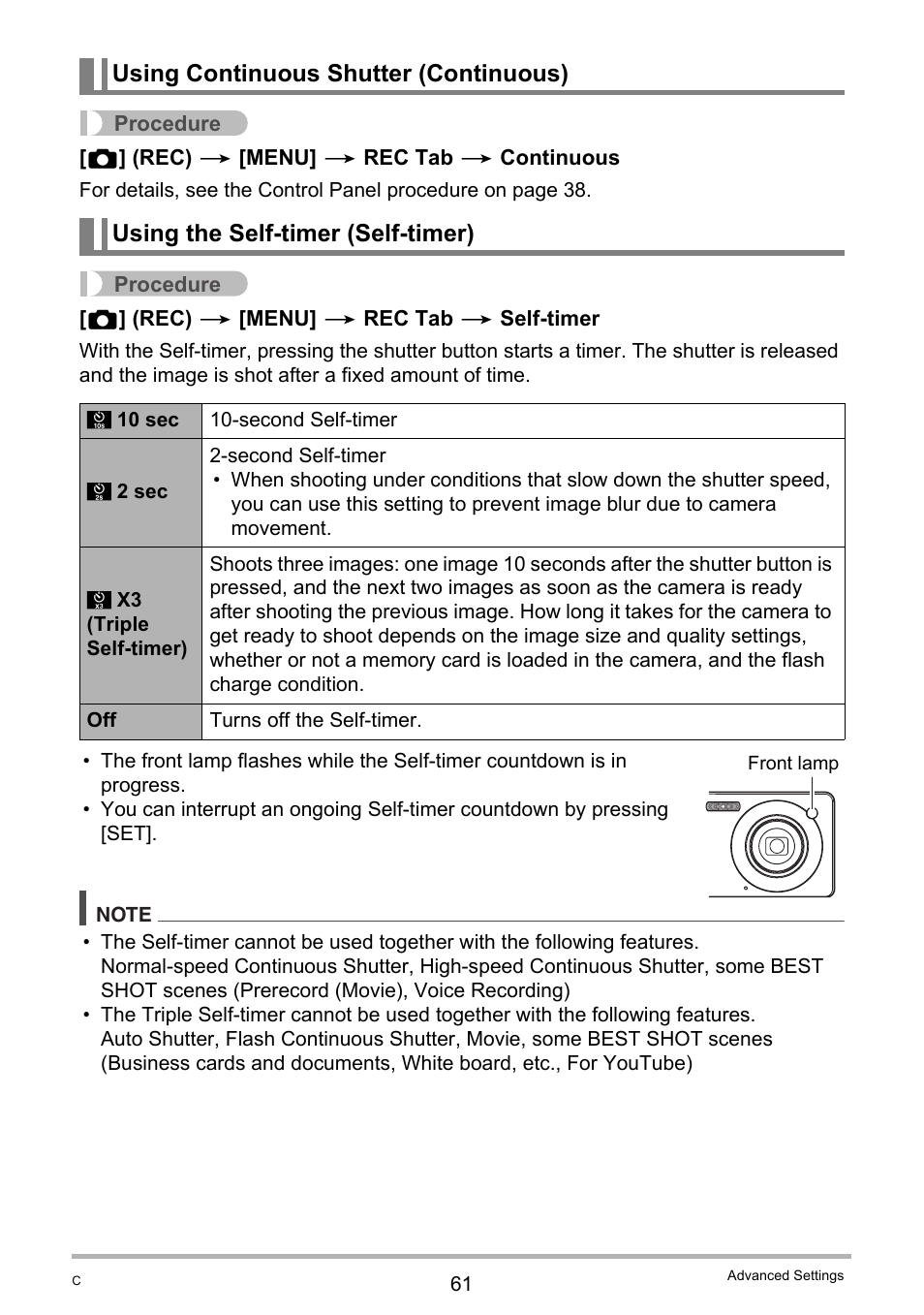 Using continuous shutter (continuous), Using the self-timer (self-timer) | Casio EXILIM K1100PCM1DMX User Manual | Page 61 / 167