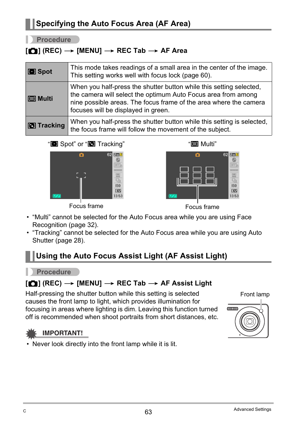 Specifying the auto focus area (af area) | Casio EXILIM K1100PCM1DMX User Manual | Page 63 / 167