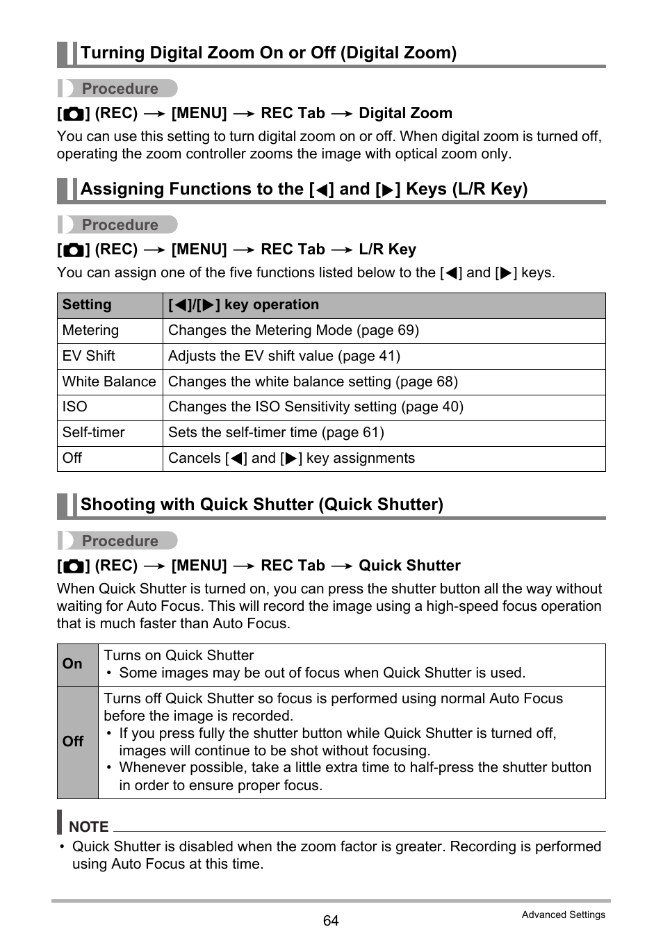 Turning digital zoom on or off (digital zoom), Shooting with quick shutter (quick shutter), Assigning functions to the | Casio EXILIM K1100PCM1DMX User Manual | Page 64 / 167