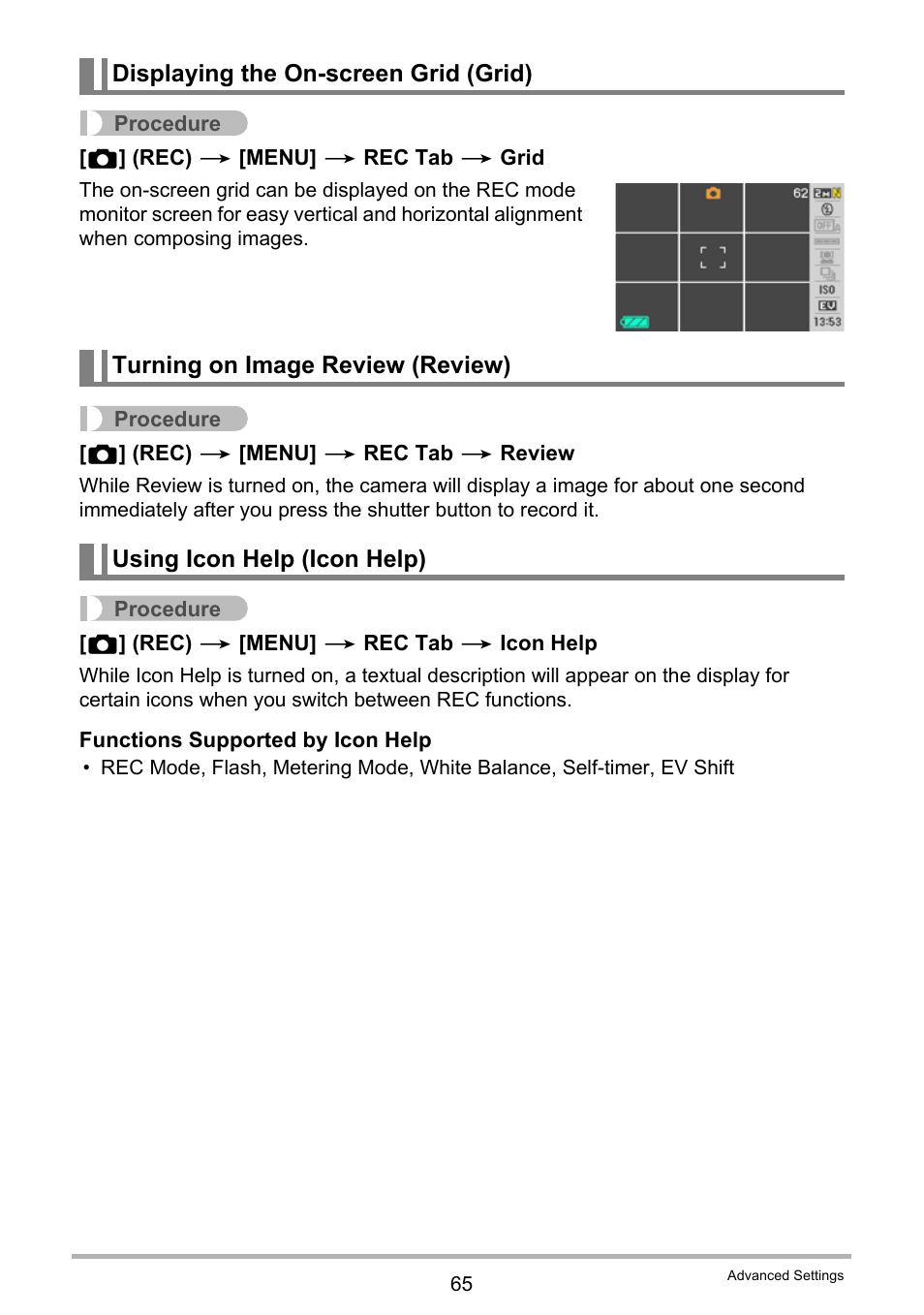 Displaying the on-screen grid (grid), Turning on image review (review), Using icon help (icon help) | Casio EXILIM K1100PCM1DMX User Manual | Page 65 / 167