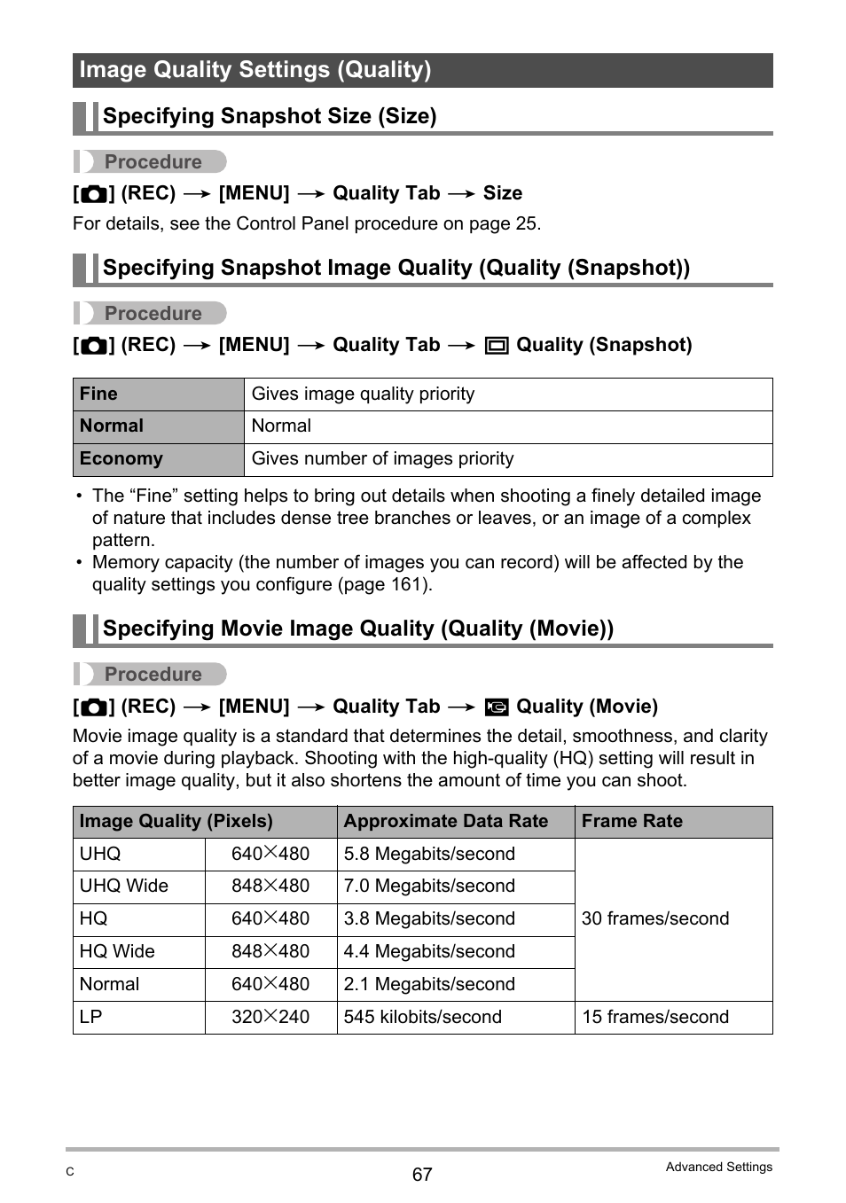 Image quality settings (quality), Specifying snapshot size (size), Specifying movie image quality (quality (movie)) | Casio EXILIM K1100PCM1DMX User Manual | Page 67 / 167