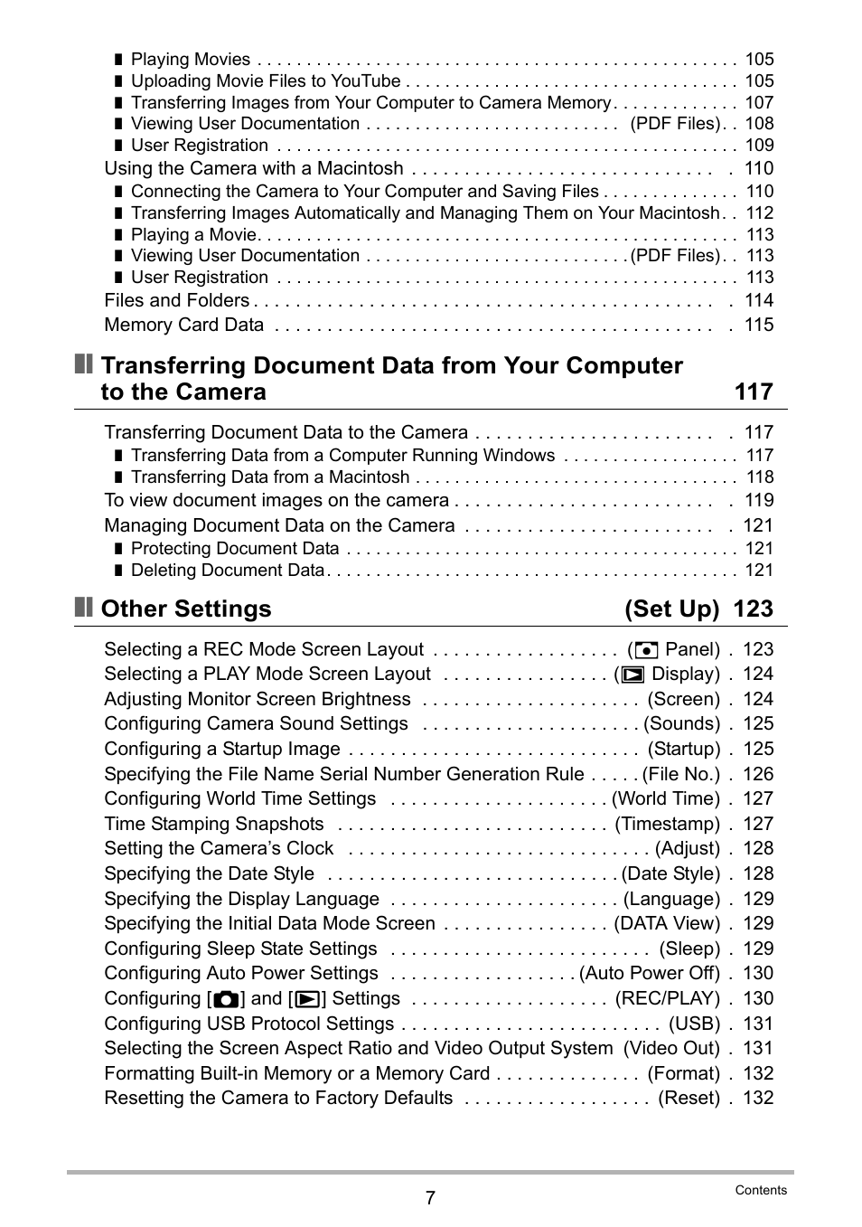 Other settings (set up) 123 | Casio EXILIM K1100PCM1DMX User Manual | Page 7 / 167