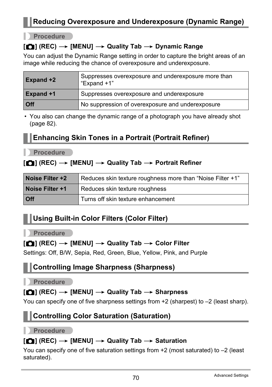 Using built-in color filters (color filter), Controlling image sharpness (sharpness), Controlling color saturation (saturation) | Casio EXILIM K1100PCM1DMX User Manual | Page 70 / 167