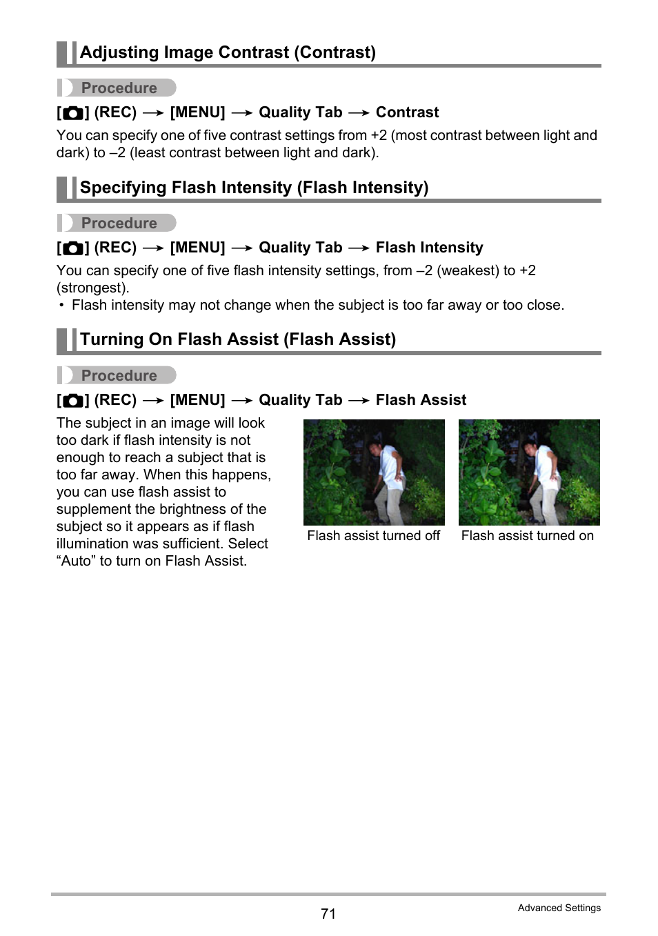 Adjusting image contrast (contrast), Specifying flash intensity (flash intensity), Turning on flash assist (flash assist) | Casio EXILIM K1100PCM1DMX User Manual | Page 71 / 167