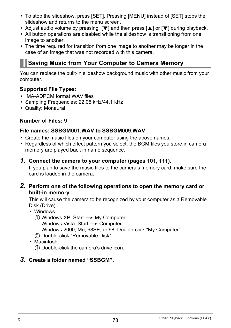 Saving music from your computer to camera memory | Casio EXILIM K1100PCM1DMX User Manual | Page 78 / 167