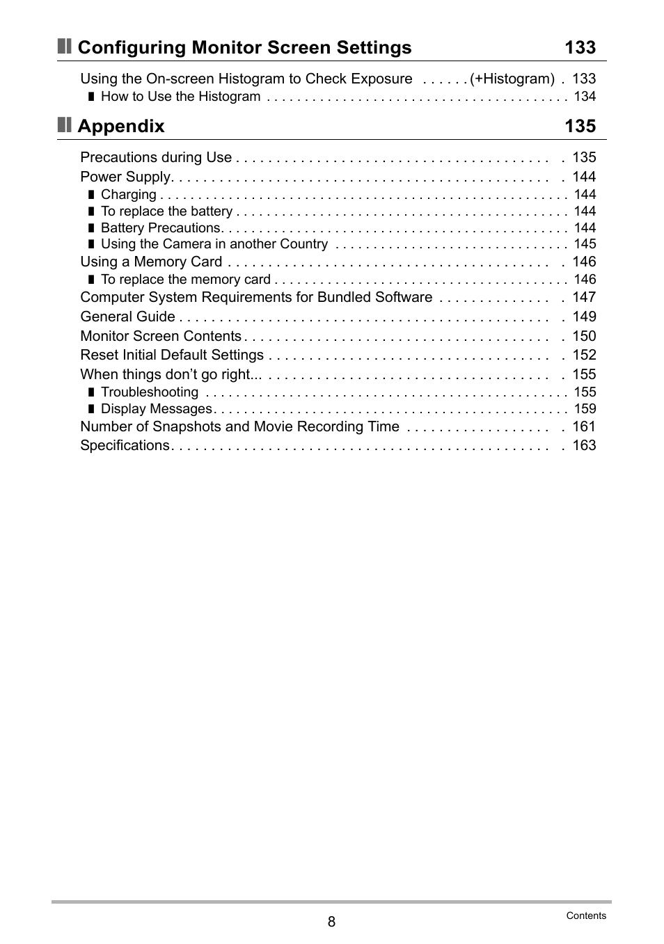 Configuring monitor screen settings 133, Appendix 135 | Casio EXILIM K1100PCM1DMX User Manual | Page 8 / 167