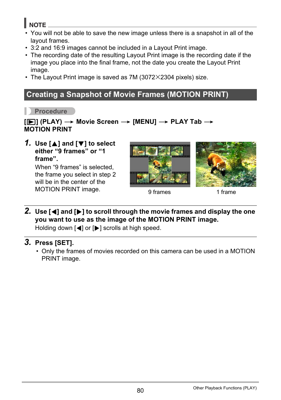 Creating a snapshot of movie frames (motion print) | Casio EXILIM K1100PCM1DMX User Manual | Page 80 / 167