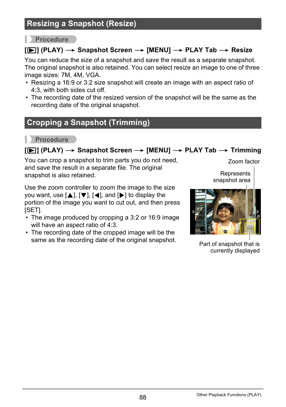 Resizing a snapshot (resize), Cropping a snapshot (trimming) | Casio EXILIM K1100PCM1DMX User Manual | Page 88 / 167