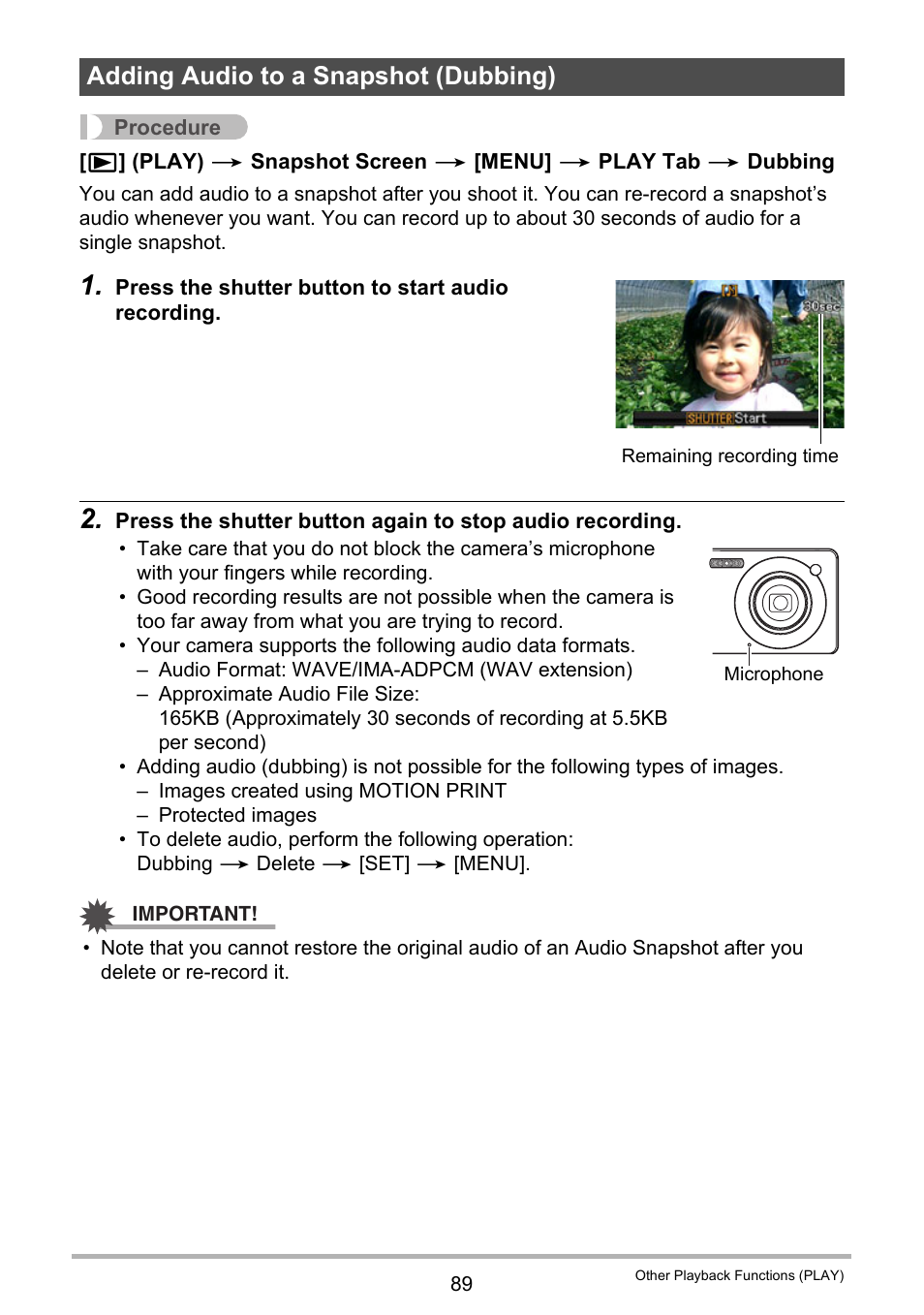 Adding audio to a snapshot (dubbing) | Casio EXILIM K1100PCM1DMX User Manual | Page 89 / 167