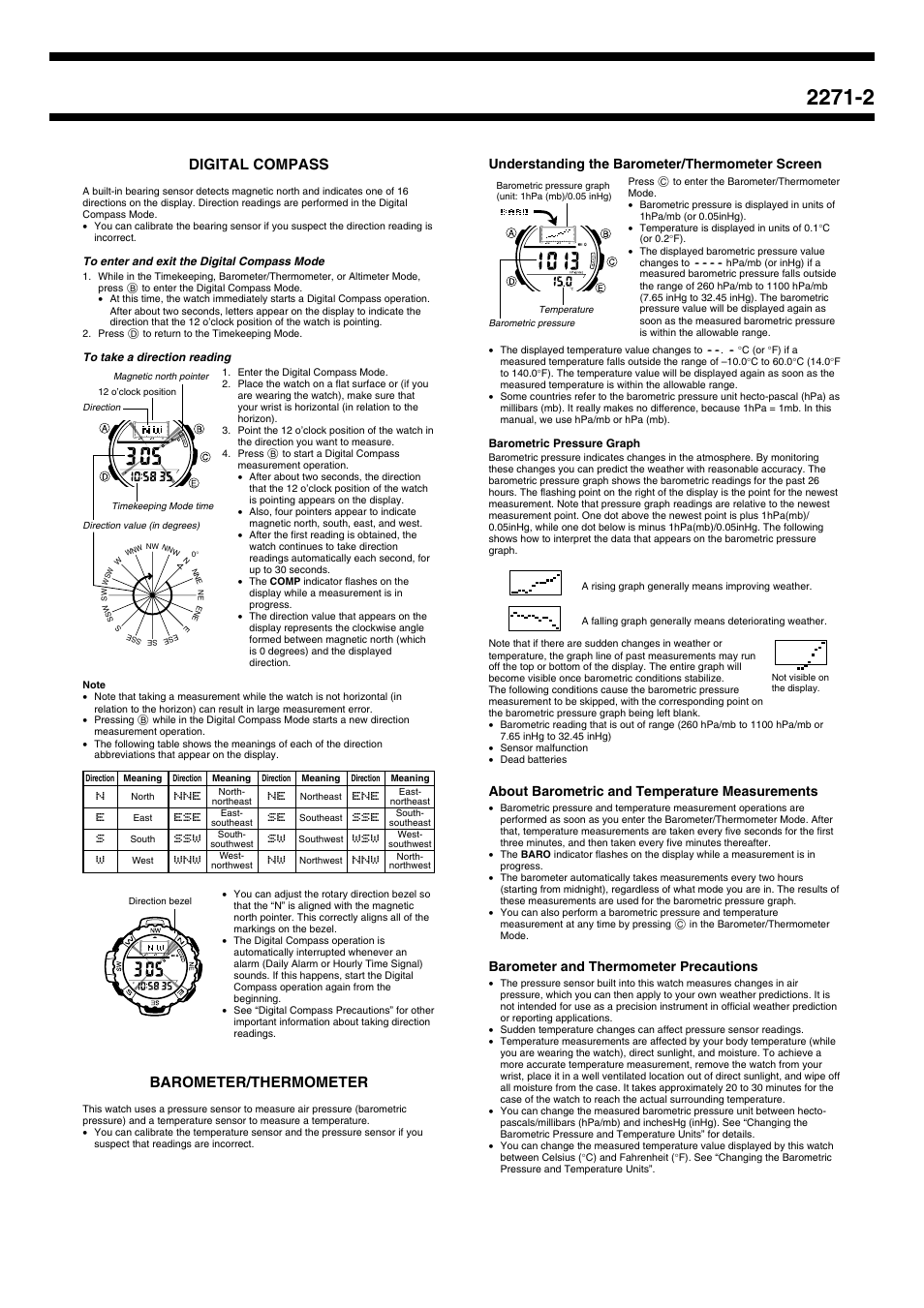 Digital compass, Barometer/thermometer, About barometric and temperature measurements | Barometer and thermometer precautions, Understanding the barometer/thermometer screen | Casio 2271 User Manual | Page 2 / 8