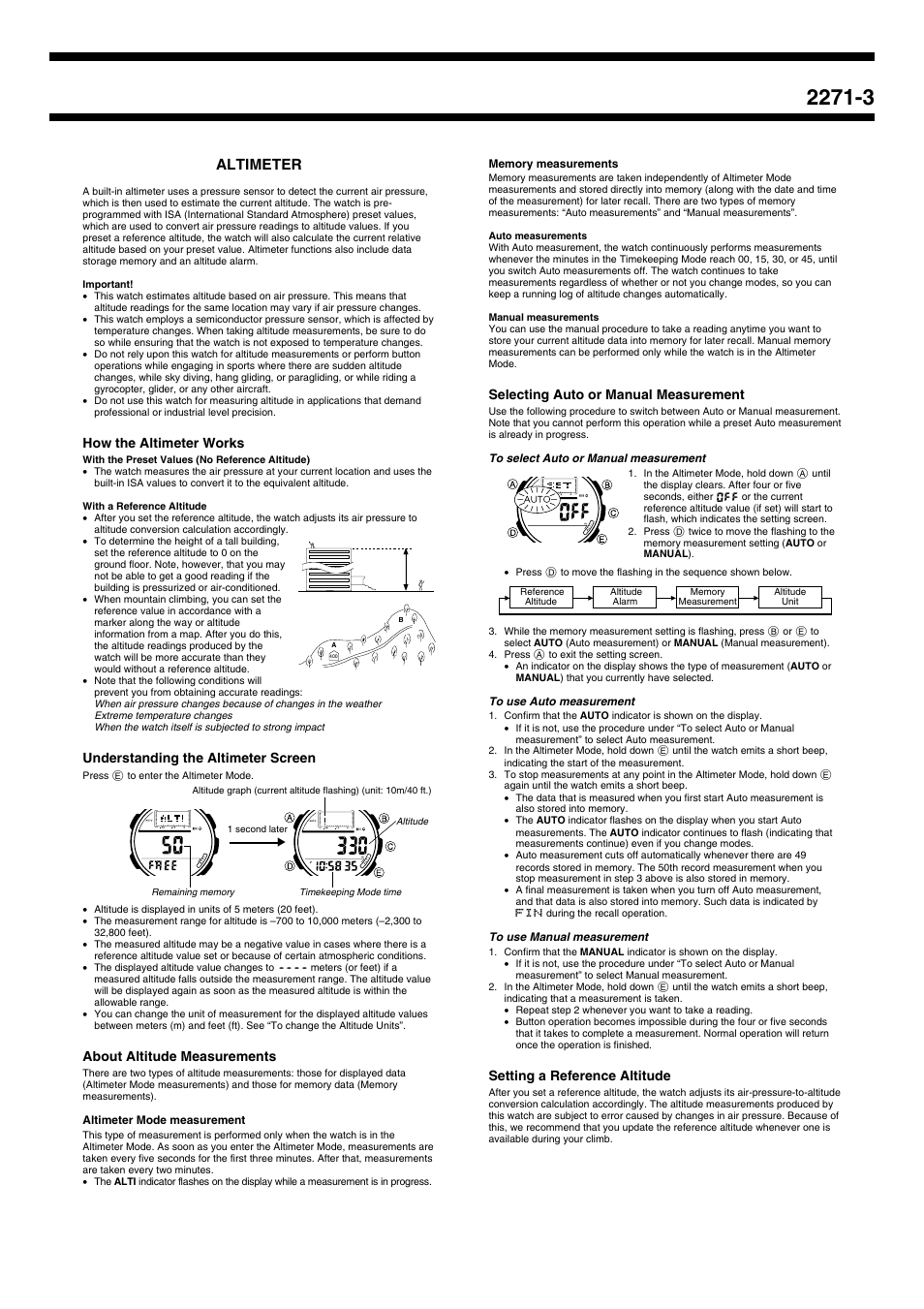 Altimeter, How the altimeter works, Understanding the altimeter screen | About altitude measurements, Selecting auto or manual measurement, Setting a reference altitude | Casio 2271 User Manual | Page 3 / 8