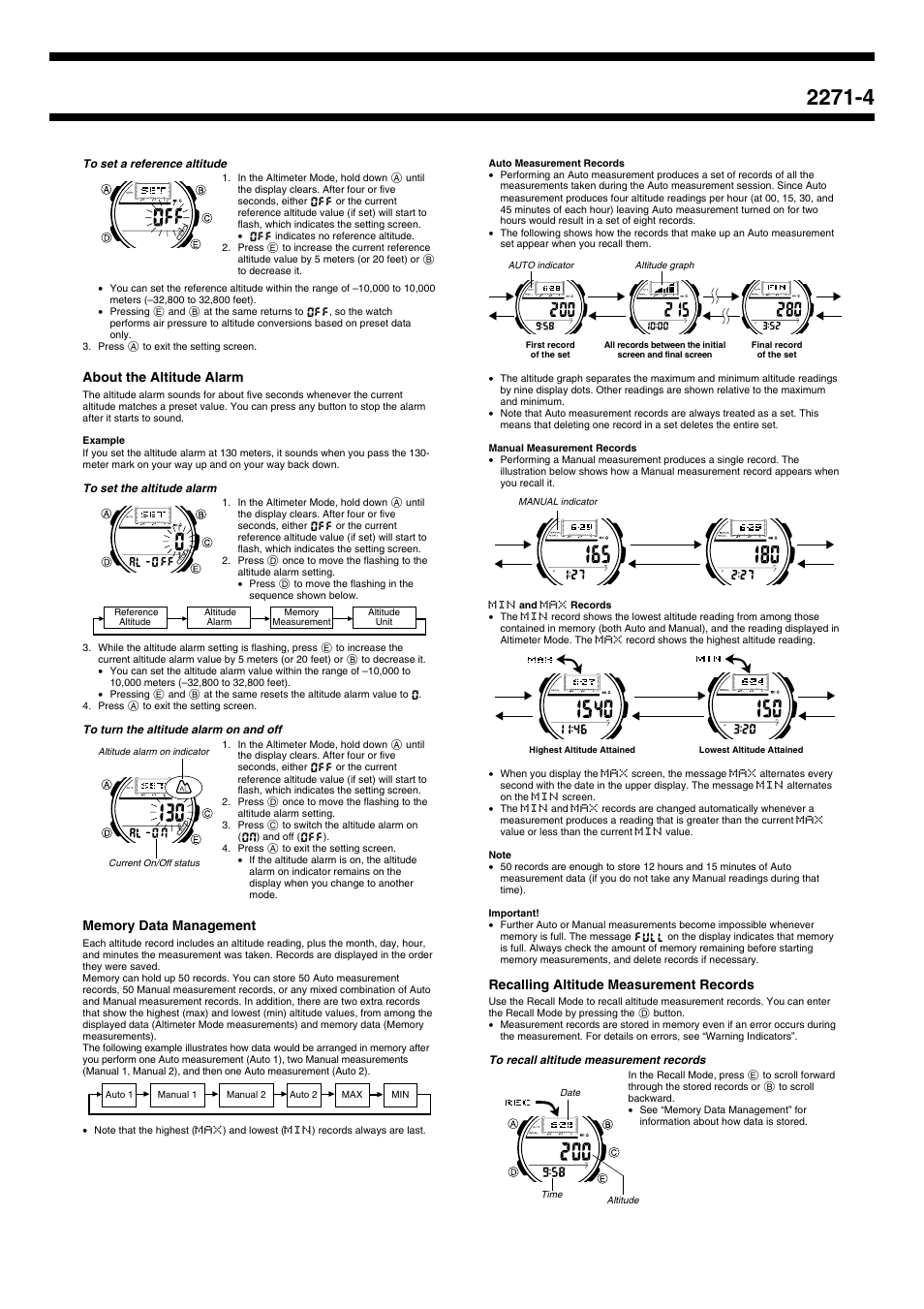 About the altitude alarm, Recalling altitude measurement records | Casio 2271 User Manual | Page 4 / 8