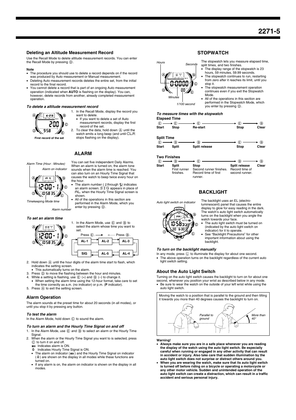 Alarm, Stopwatch, Backlight | Deleting an altitude measurement record, Alarm operation, About the auto light switch | Casio 2271 User Manual | Page 5 / 8