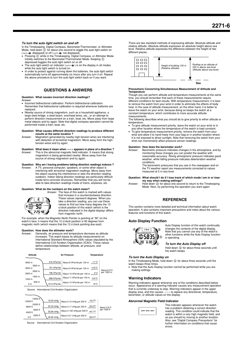Questions & answers, Reference, Auto display function | Warning indicators | Casio 2271 User Manual | Page 6 / 8