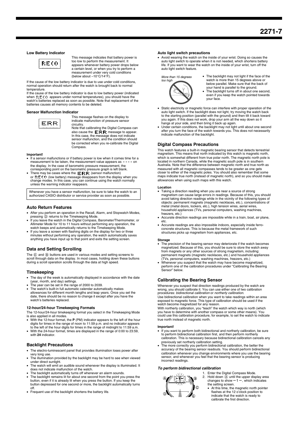 Auto return features, Data and setting scrolling, Timekeeping | Backlight precautions, Digital compass precautions, Calibrating the bearing sensor | Casio 2271 User Manual | Page 7 / 8