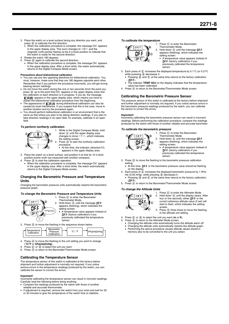 Calibrating the temperature sensor, Calibrating the barometric pressure sensor | Casio 2271 User Manual | Page 8 / 8