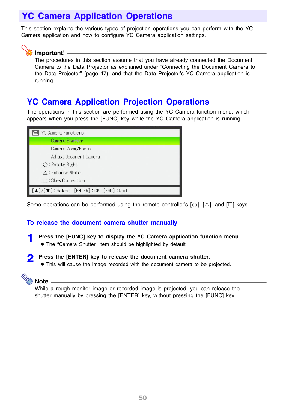 Yc camera application operations, Yc camera application projection operations | Casio XJS38 User Manual | Page 50 / 61