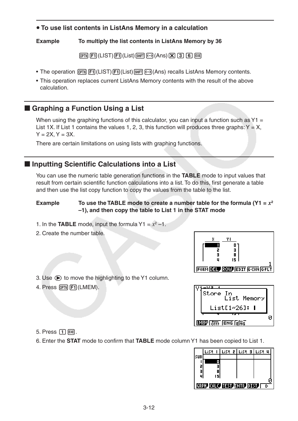 I graphing a function using a list, I inputting scientific calculations into a list | Casio FX-9750GII User Manual | Page 101 / 402