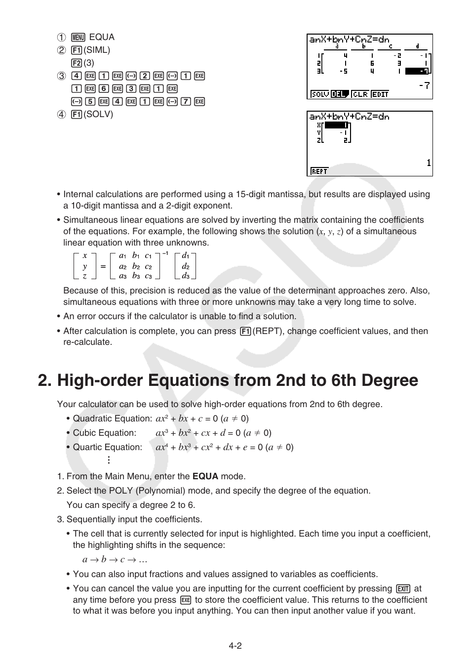 High-order equations from 2nd to 6th degree, High-order equations from 2nd to 6th degree -2 | Casio FX-9750GII User Manual | Page 104 / 402
