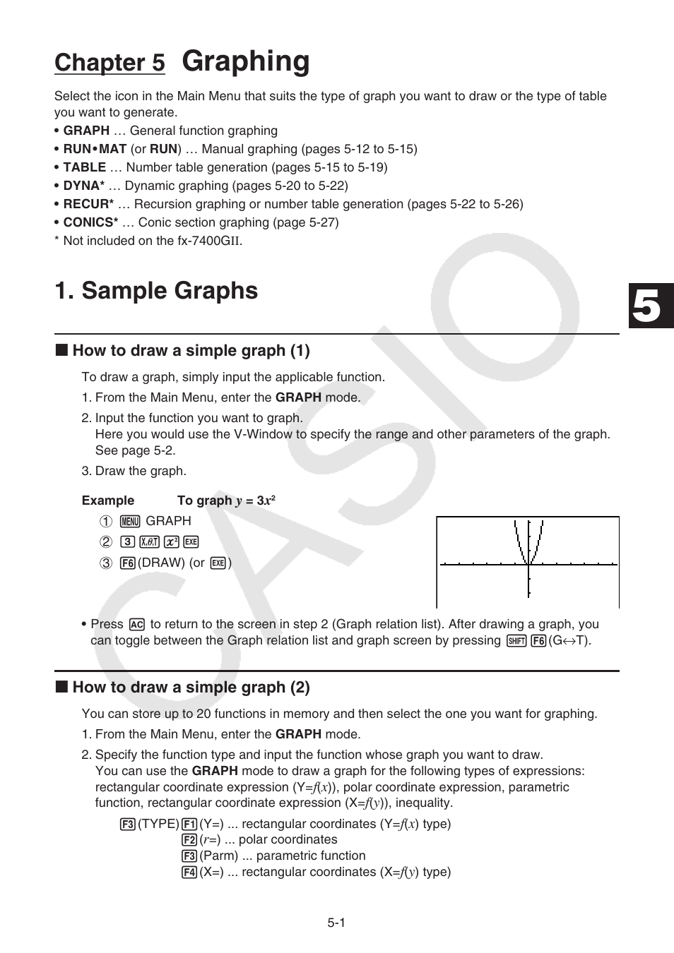 Chapter 5 graphing, Sample graphs, Sample graphs -1 | Graphing, Chapter 5 | Casio FX-9750GII User Manual | Page 107 / 402