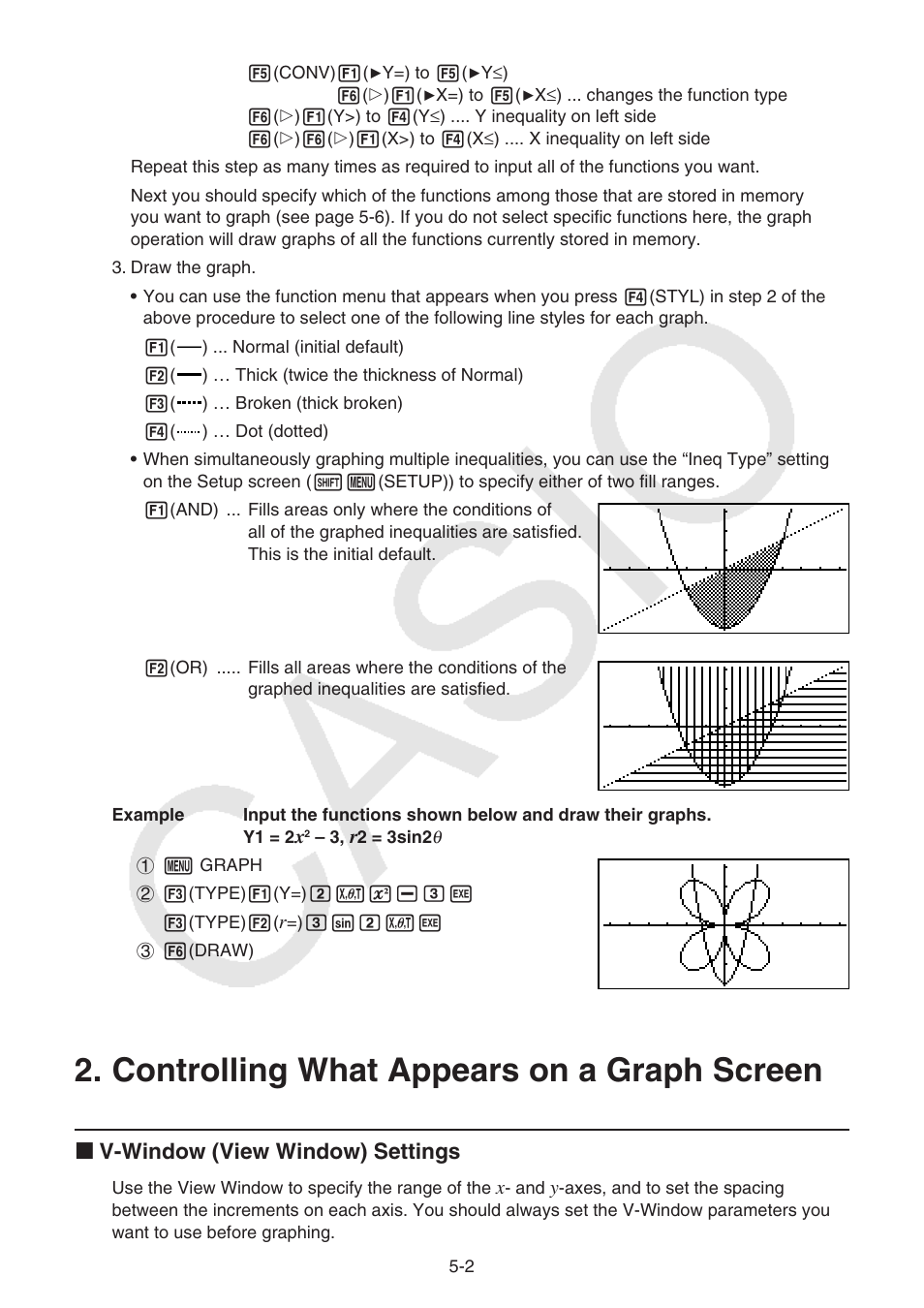 Controlling what appears on a graph screen, Controlling what appears on a graph screen -2, I v-window (view window) settings | Casio FX-9750GII User Manual | Page 108 / 402