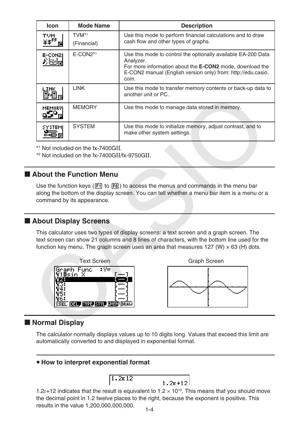 I about the function menu, I about display screens, I normal display | Casio FX-9750GII User Manual | Page 11 / 402