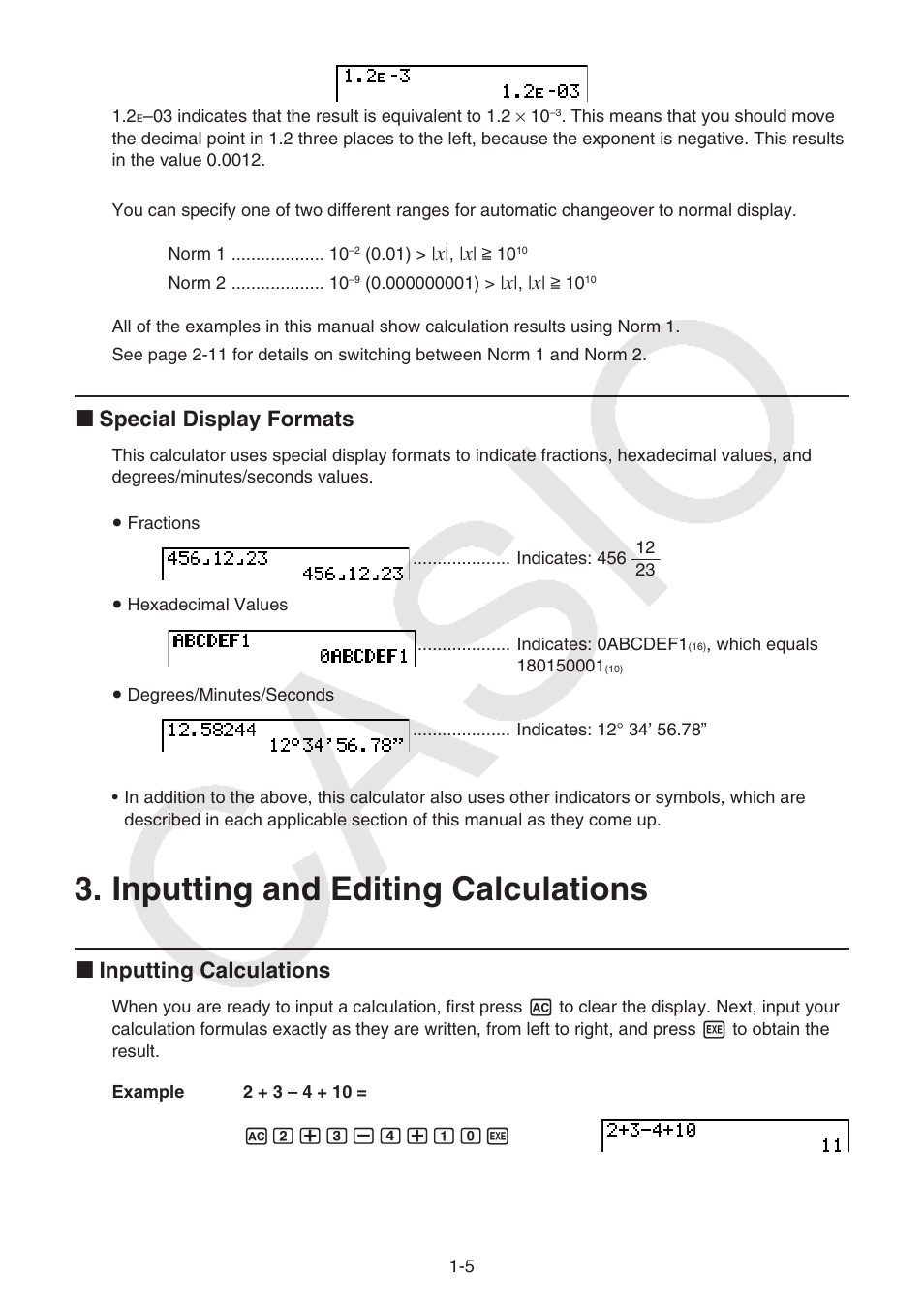 Inputting and editing calculations, Inputting and editing calculations -5, I special display formats | I inputting calculations | Casio FX-9750GII User Manual | Page 12 / 402