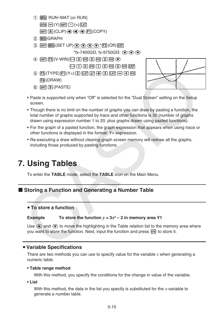 Using tables, Using tables -15, I storing a function and generating a number table | Casio FX-9750GII User Manual | Page 121 / 402