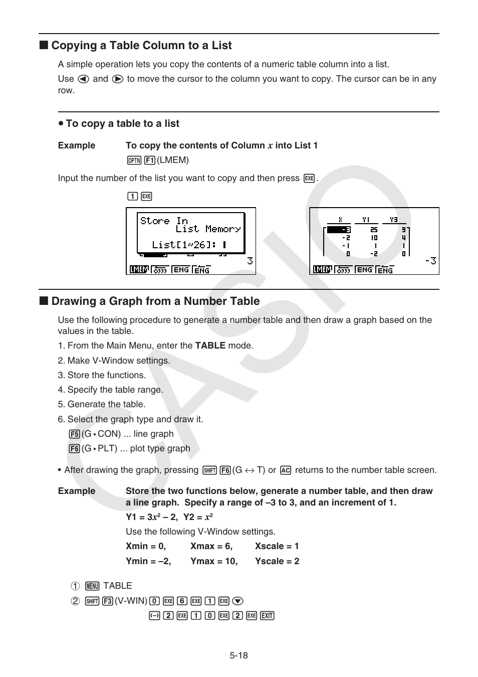 I copying a table column to a list, I drawing a graph from a number table | Casio FX-9750GII User Manual | Page 124 / 402