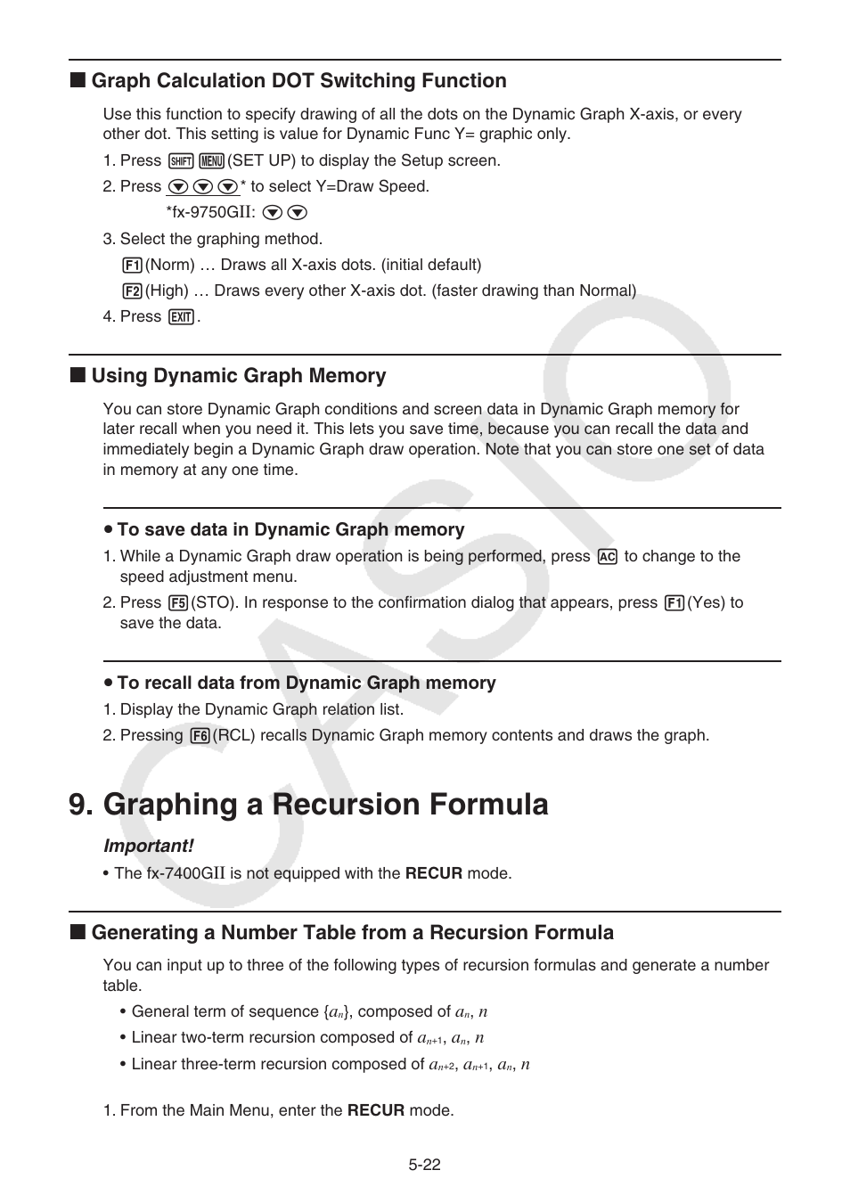 Graphing a recursion formula, Graphing a recursion formula -22, I graph calculation dot switching function | Casio FX-9750GII User Manual | Page 128 / 402