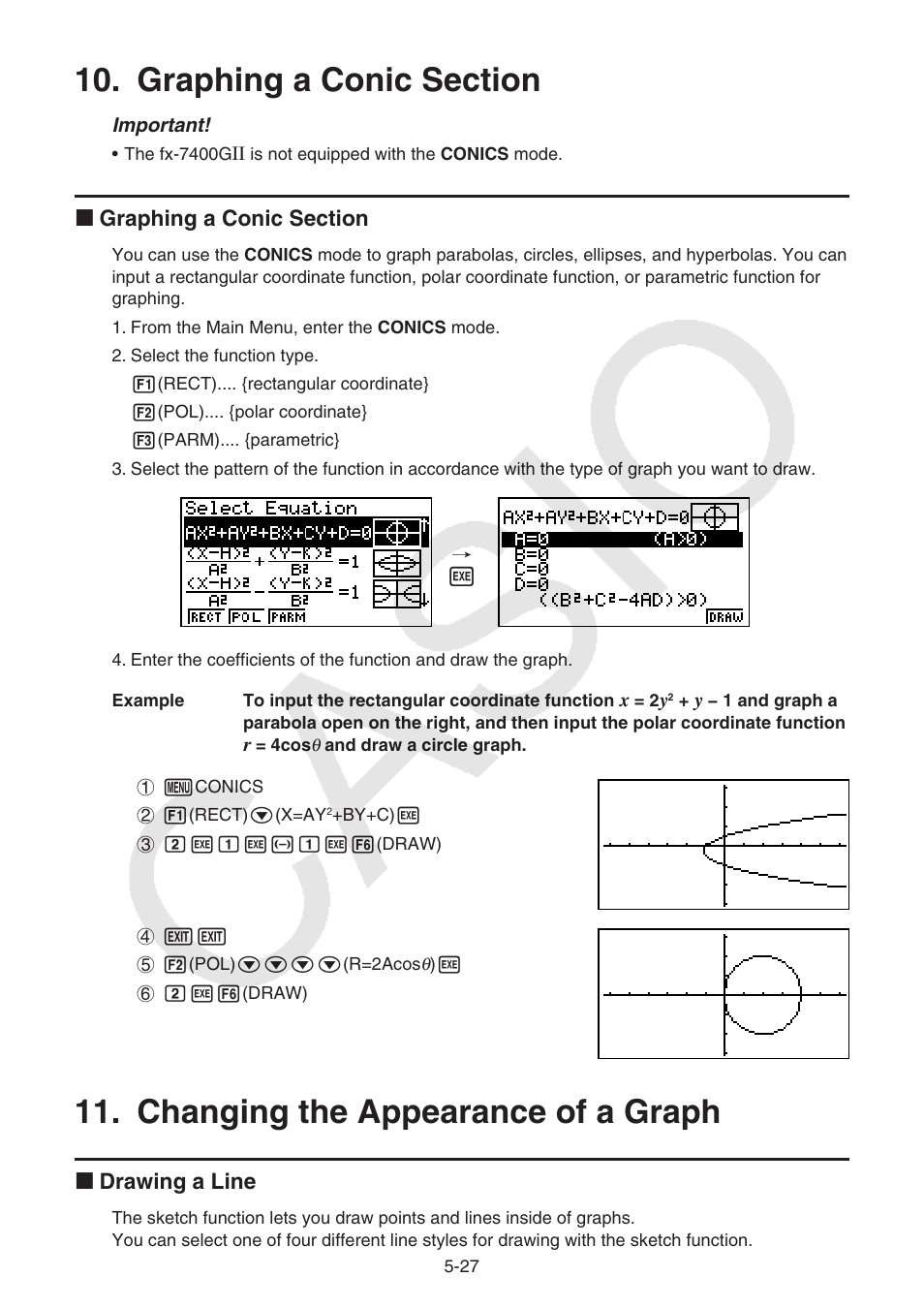 Graphing a conic section, Changing the appearance of a graph | Casio FX-9750GII User Manual | Page 133 / 402