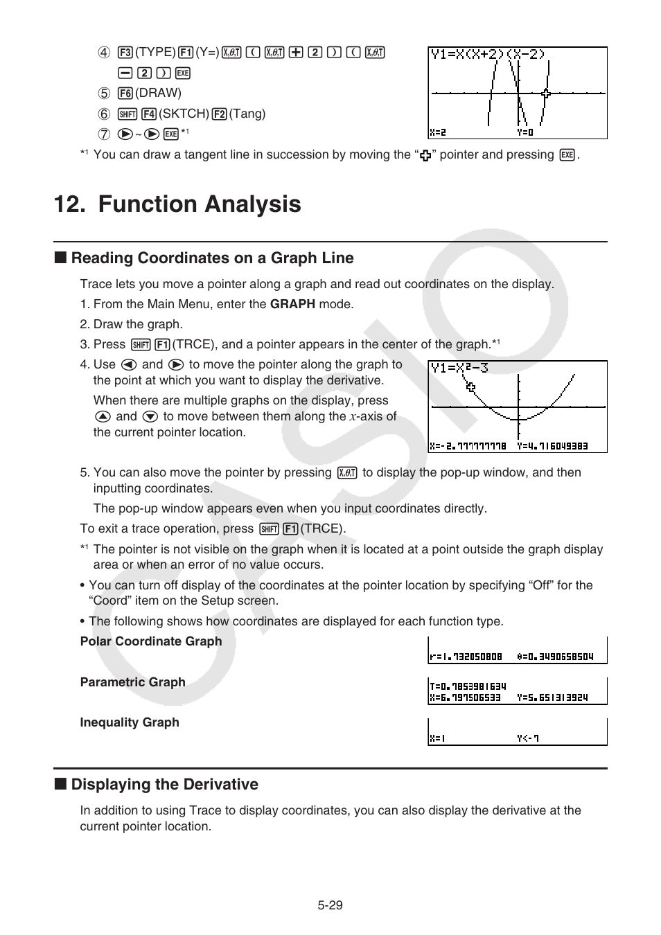 Function analysis, Function analysis -29, I reading coordinates on a graph line | I displaying the derivative | Casio FX-9750GII User Manual | Page 135 / 402