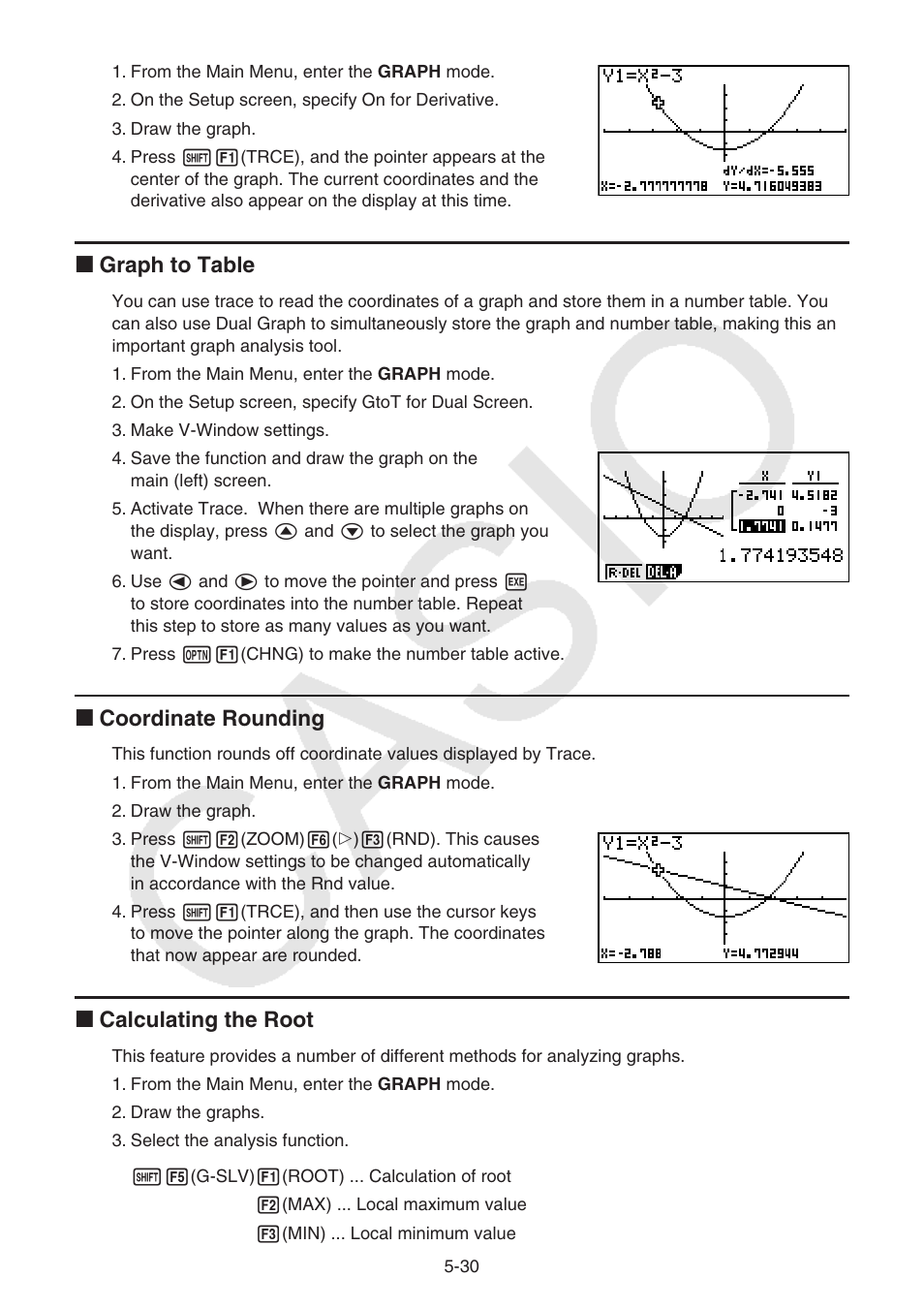 I graph to table, I coordinate rounding, I calculating the root | Casio FX-9750GII User Manual | Page 136 / 402