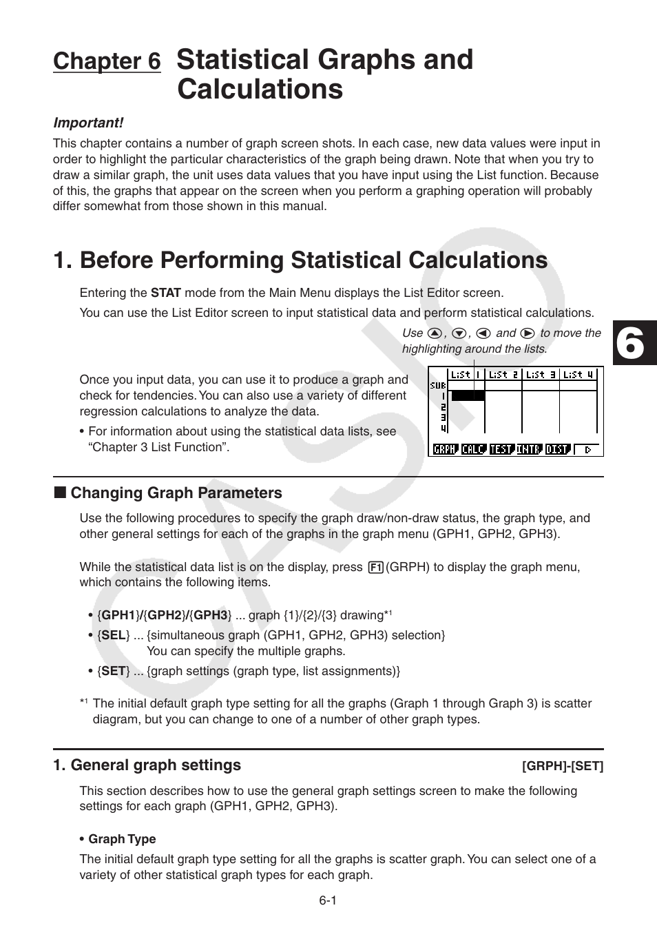 Chapter 6 statistical graphs and calculations, Before performing statistical calculations, Before performing statistical calculations -1 | Statistical graphs and calculations, Chapter 6 | Casio FX-9750GII User Manual | Page 141 / 402