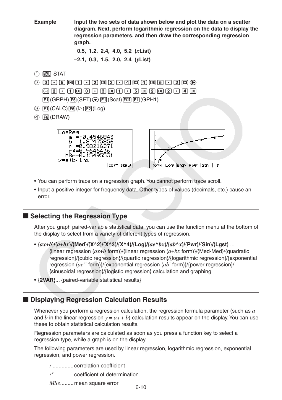 I selecting the regression type, I displaying regression calculation results | Casio FX-9750GII User Manual | Page 150 / 402