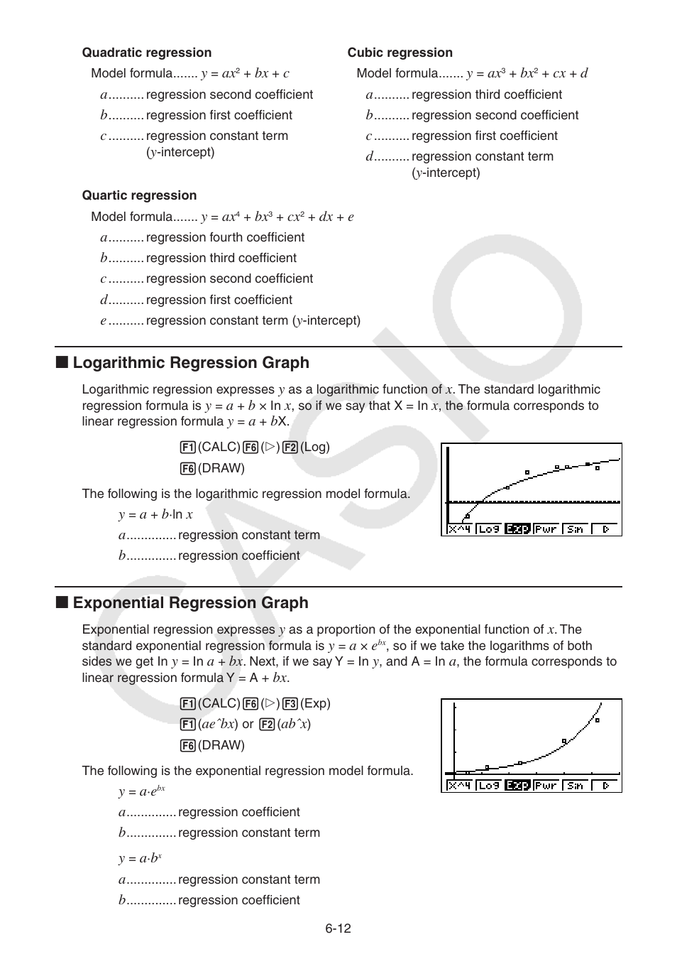 I logarithmic regression graph, I exponential regression graph | Casio FX-9750GII User Manual | Page 152 / 402